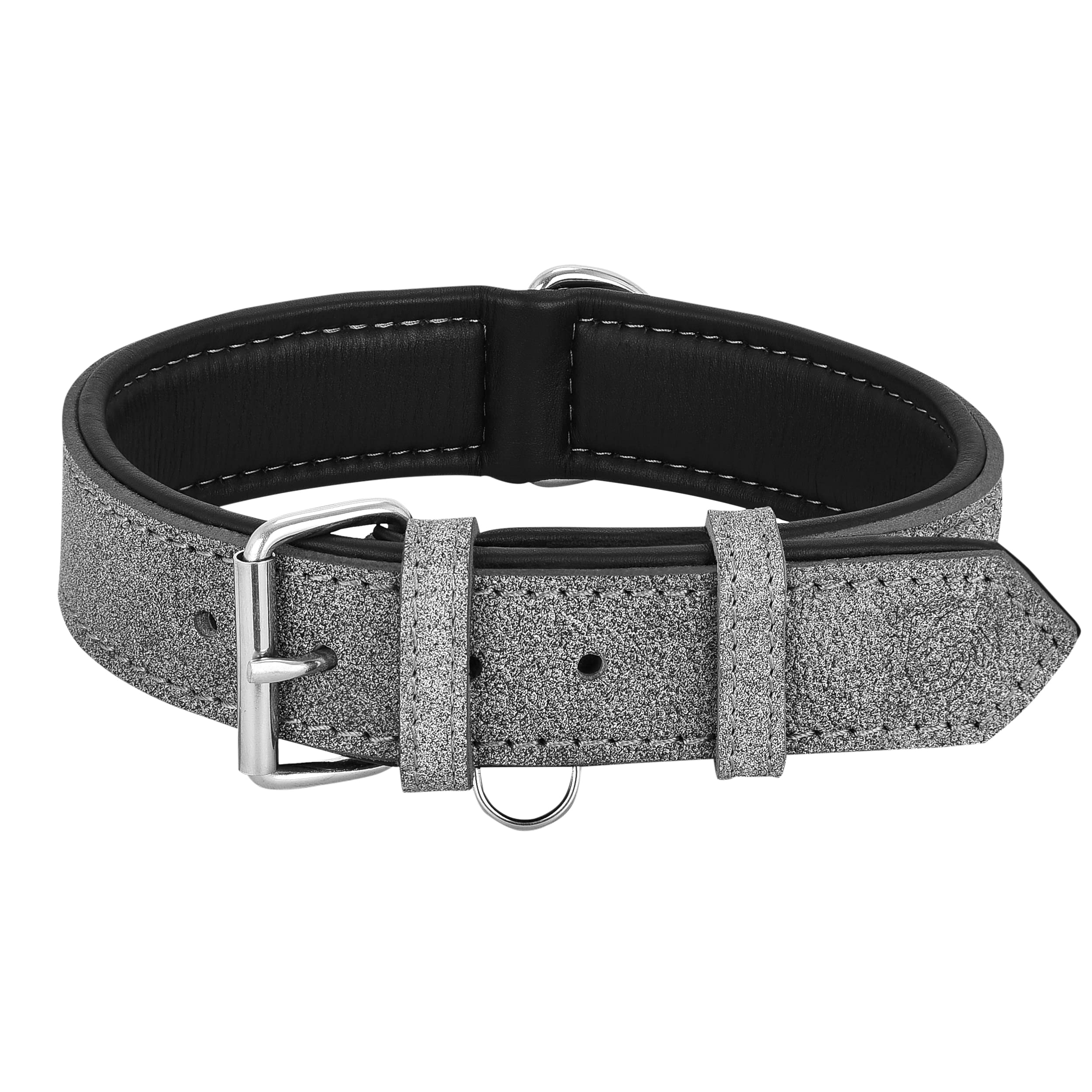 Riparo K-9 dog collar, padded, genuine leather, adjustable, heavy duty, (L: 3.8 cm wide for 45.7-53.3 cm neck, grey/white thread)