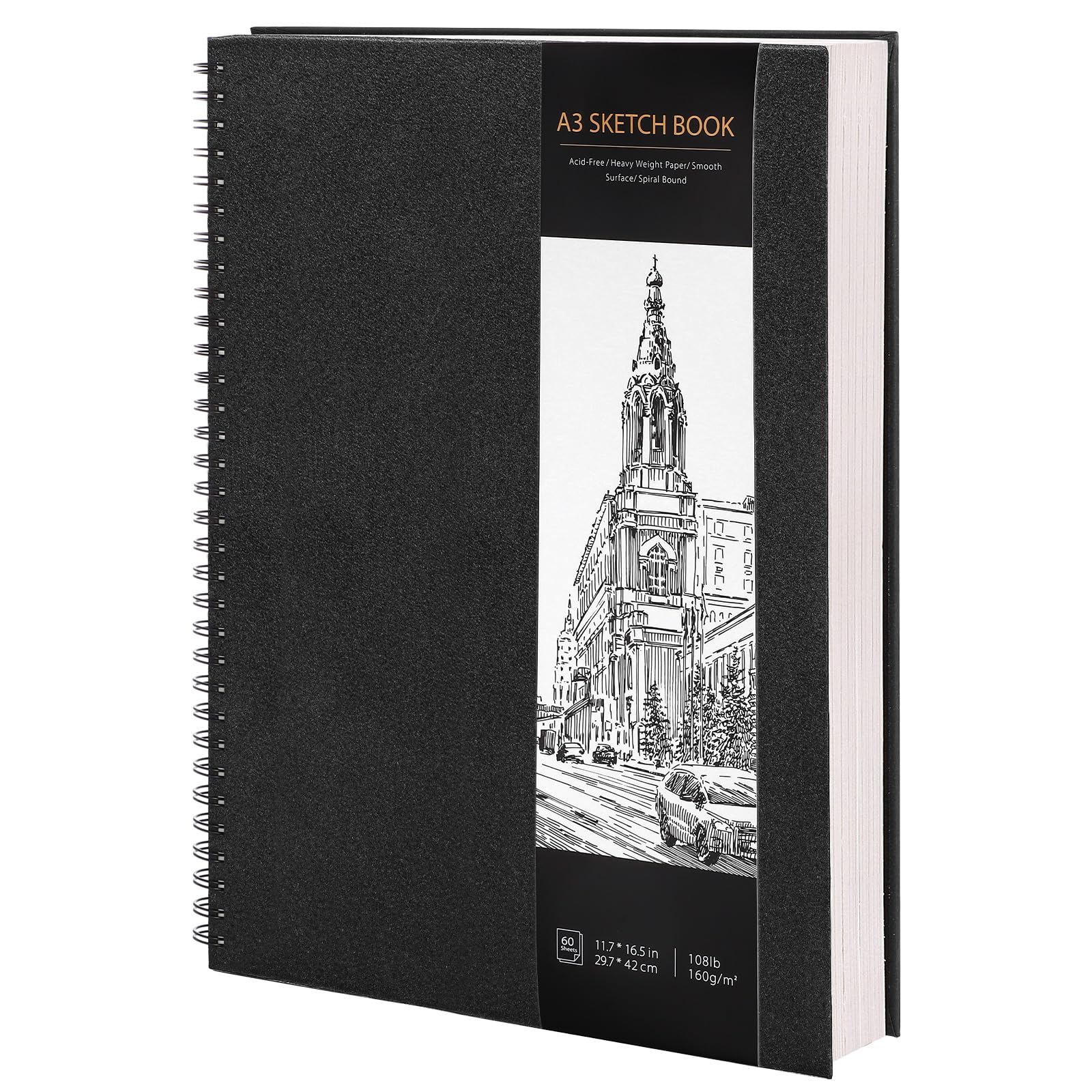 A3 Sketchbook, Spiral Hardcover Sketch Book, 160gsm Thick Paper Art Book, Drawing Pad for Sketching Art Projects, 60 Sheets / 120 Pages Sketch Pad A3 for Artists