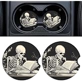 Rueneaj Car Cup Holder Ceramic Coasters 2 Pack, 2.56 in Anti Slip Absorbent Coaster with Cork Base and Finger Notch, Funny Cute Car Accessories Interior for Women, Skeleton Man