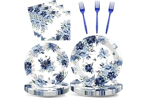 WIOOFFEN 96 Pcs Peony Party Plates Napkins Tableware Set Blue Flower Supplies Disposable Dinnerware Navy Floral Party Decoration Favors for Summer Holiday Wedding Bridal Baby Shower Birthday, 24 Guests