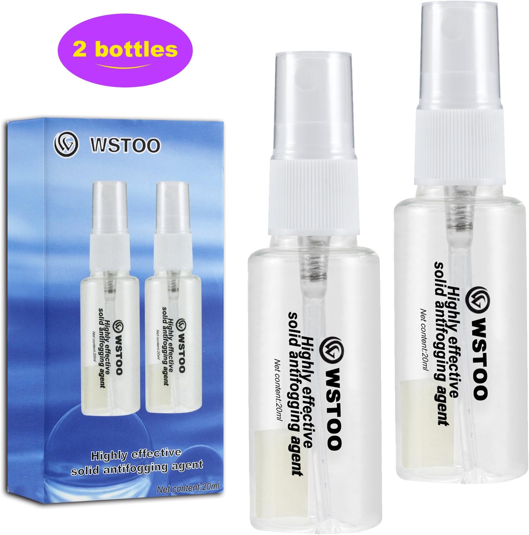 W WSTOO Efficient Solid Antifog Spray for Diving Masks/Swim Goggles/Ski Mirror/Mirror 2 Bottles (1 Pack)