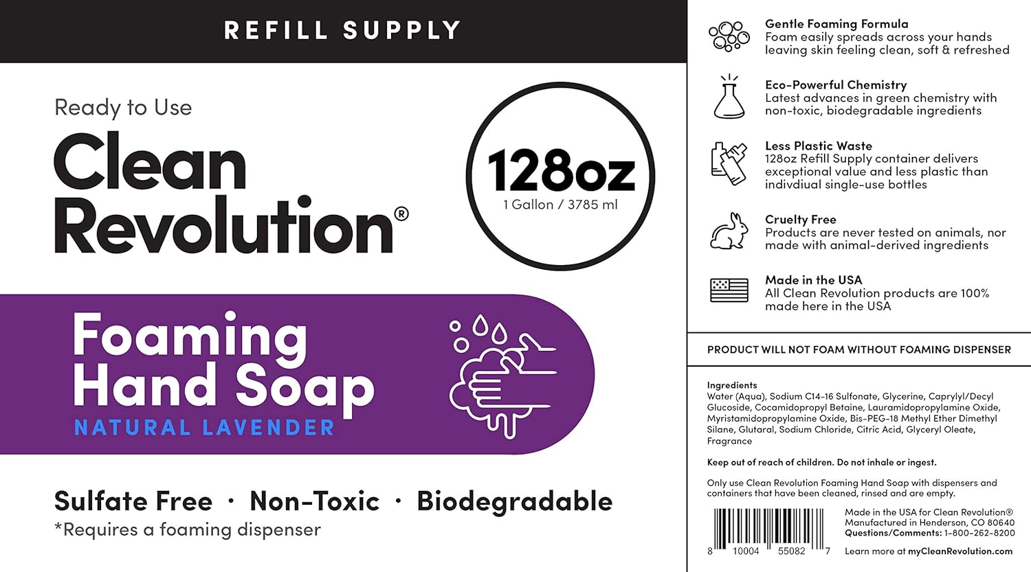 Clean Revolution Foaming Hand Soap Refill Supply Container. Ready to Use Formula. Natural Lavender Fragrance, 128 Fl. Oz: Health & Personal Care