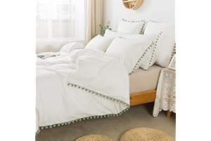 Softta Boho Bedding Full Green Vintage Pom-Fringe Pompom Duvet Cover 3 Pcs Bohemian Quilt Cover 100% Washed Cotton Baby Teen Girls, White+green Pom