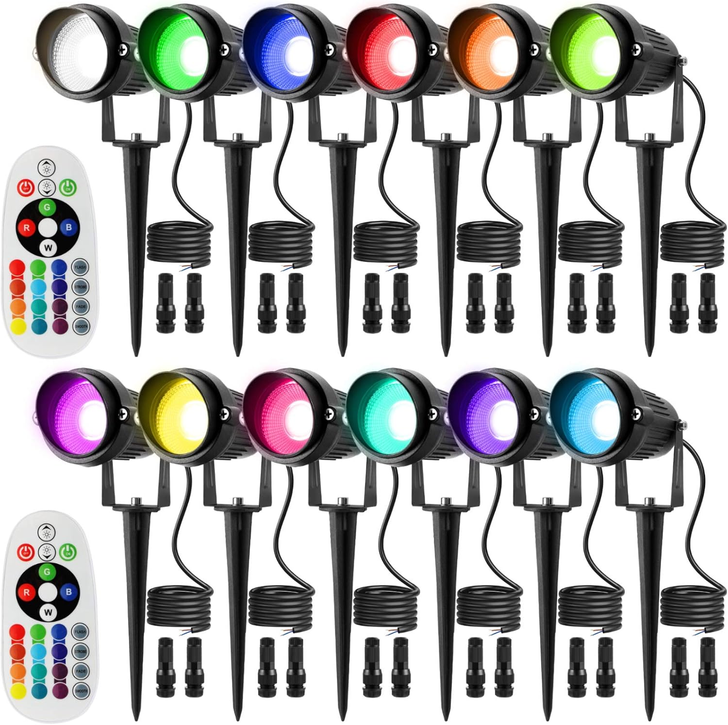 LED Landscape Lighting 8W Remote Control Color Change RGB Color Low Voltage Landscape Lights 12V-24V IP66 Waterproof Yard Garden Outdoor Spotlights(12Pack with Connectors)