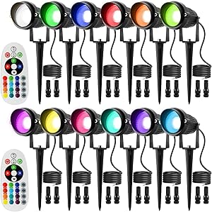 LED Landscape Lighting 8W Remote Control Color Change RGB Color Low Voltage Landscape Lights 12V-24V IP66 Waterproof Yard Garden Outdoor Spotlights(12Pack with Connectors)