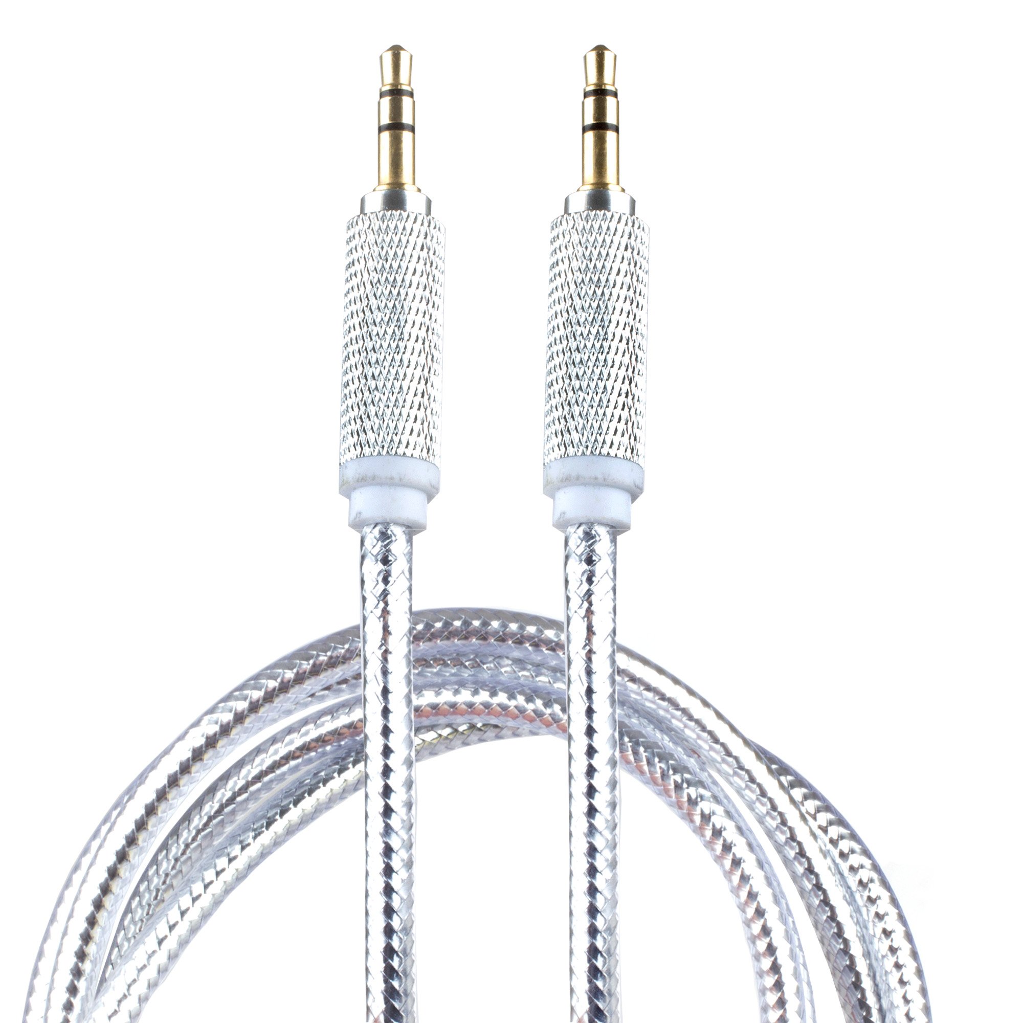 Lilware 1 m Braided Nylon Transparent PVC Jacket Aux Audio Cable with 3.5 mm Jack Male to Male Cord for Multimedia Devices - Silver