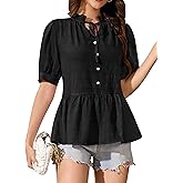 Blooming Jelly Womens Peplum Tops Tie Front Puff Sleeve Cute Summer Blouse Casual Babydoll Trendy Shirt Vacation Outfit