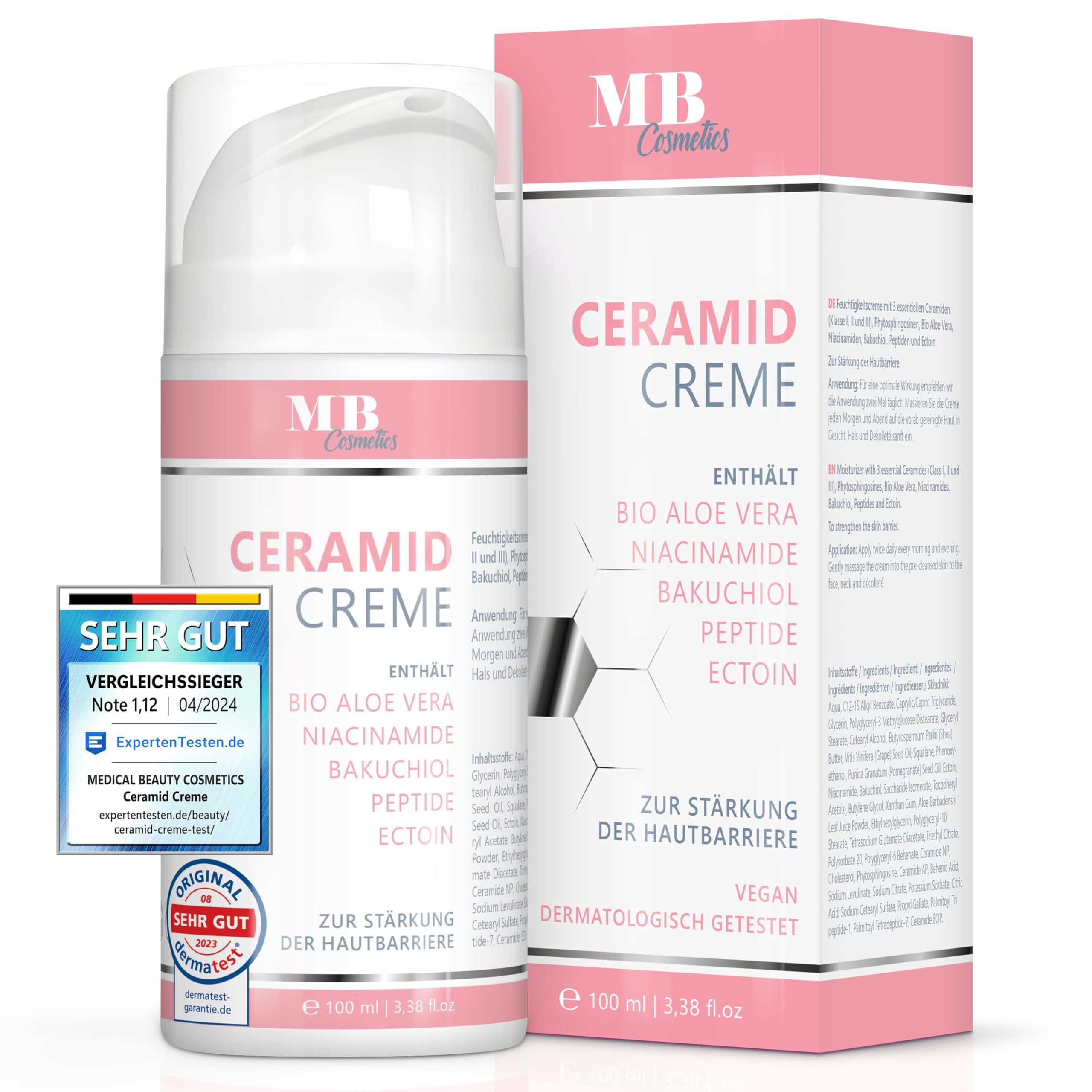 Ceramidcreme 100ml mit 3 essenziellen Ceramiden – plus Bio Aloe Vera, Bakuchiol und Bio Granatapfelkernöl – Vegane Gesichtspflege zur Stärkung der Hautbarriere mit Niacinamiden und Ectoin.