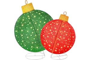FUNNGO Lighted Pop-Up Outdoor Christmas Ornament Set - 2 PCS Large Prelit Holiday Ball Decorations with 180 LED Lights, 8 Light Modes, for Yard, Lawn, Patio Decor, Green/Red