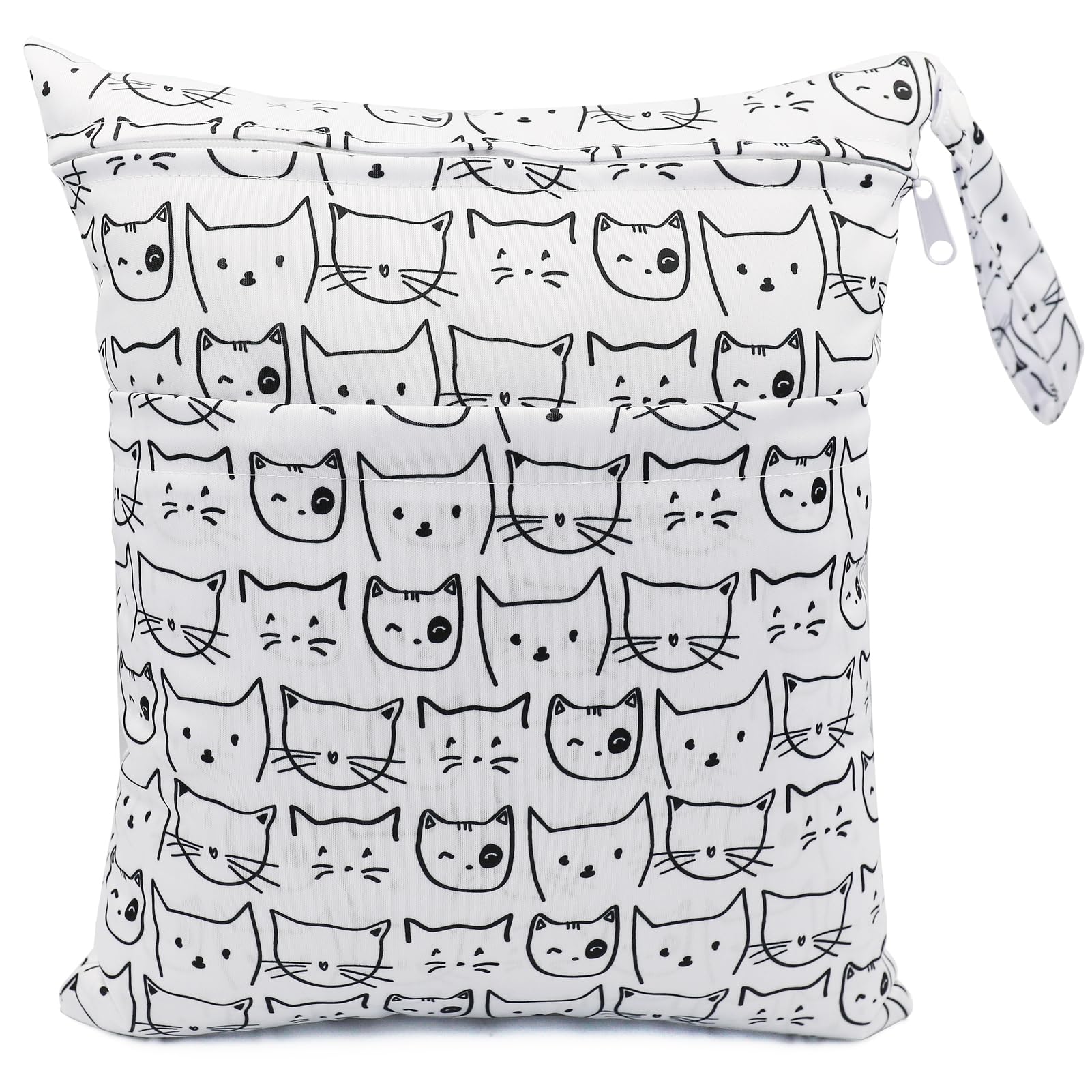 FenFang Wet Bag, Cloth Nappy Bags Produce Bags Wet Dry Suit Bag Storage Organiser, Waterproof Washable Reusable Large Double Zipper Bag for Baby Diapers Nappy Daycare Travel Gym (White Cat)