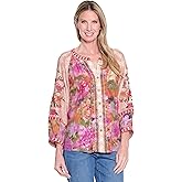 Printed Button Front Split Neck Top with Embroidered Three Quarters Sleeves