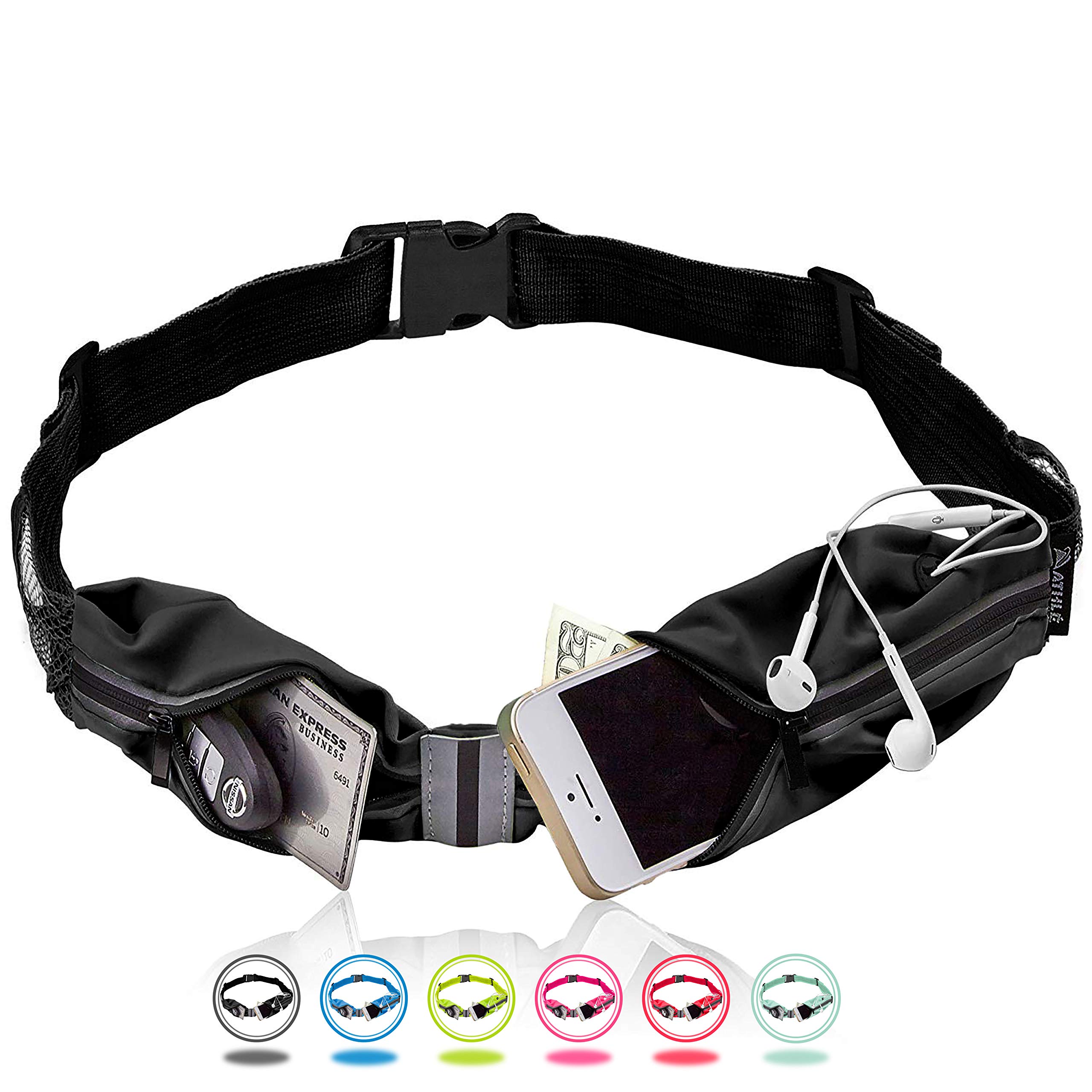 Athlé Waist Running Belt – Adjustable Jogging and Exercise Fanny Pack Storage Pouch for Phone, Keys and Wallet – 360° Reflective Band, Headphone Slot, Key Hook - Fits iPhone Plus – Black/Silver