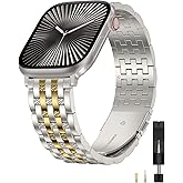 W-RARA Dual-Tone Metal Dressy Band Compatible with Apple Watch Band 38/40/41/42/44/45/46/49mm Women Men, Stainless Steel Seven-link Luxury Engraved Strap for iWatch SE Series 11/10 9 8 7 6 5 4 3 2 1