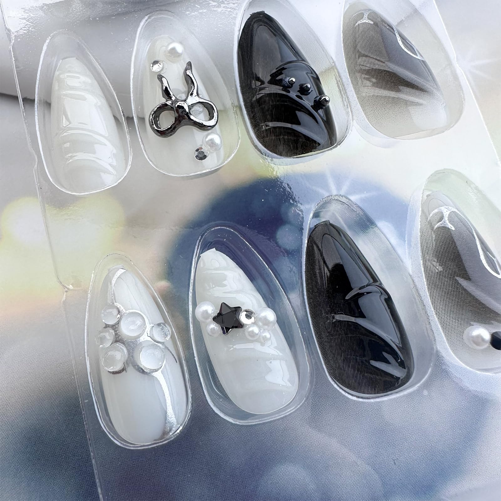 LBPEPAMZ Black Press on Nails Medium Almond Fake Nails with 3D Alloy Bow Pearl Designs Black Gradient Full Cover False Nails Water Drops Silver Star Glossy Acrylic Nails Stick on Nails for Women 24Pcs - Image 7