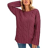 Saodimallsu Womens Chunky Cable Knit Sweaters Long Sleeve Crew Neck Fall Casual Loose Warm Pullover Tops