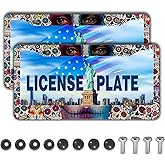 License Plate Frames for Women Multicolor Plate Cover for Men Sugar Skull Universal Aluminum Car Accessory 2 Pack with Screw Covers Set