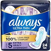 Always Ultra Thin Feminine Pads For Women, Size 5 Extra Heavy Overnight Absorbency, With Wings, Unscented, 24 Count