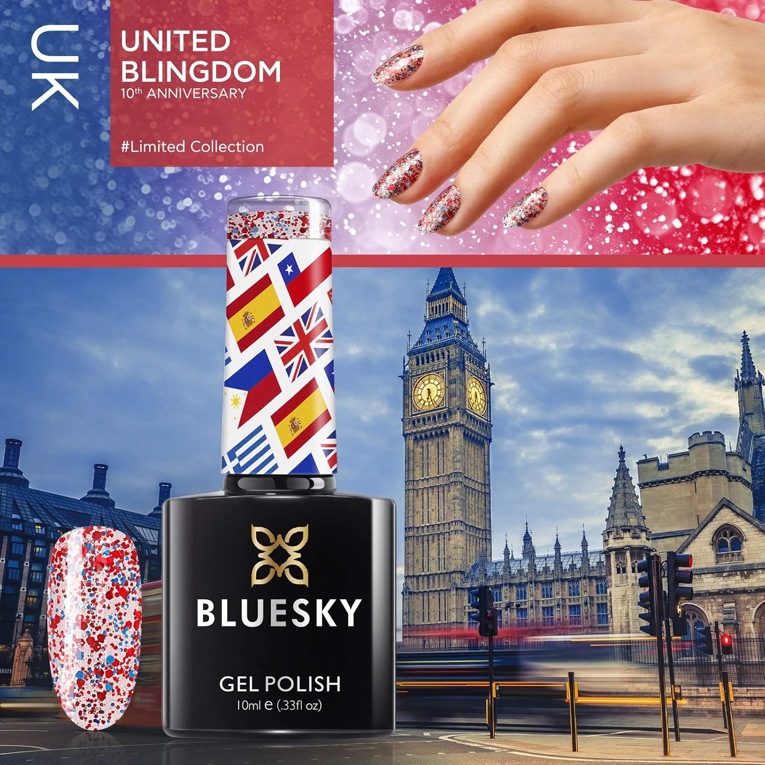Bluesky Gel Nail Polish, United Blingdom, 10 Year Anniversary UK Colour, Blue, Red, Glitter, 10ml (Requires curing under UV/LED Lamp) - Image 5