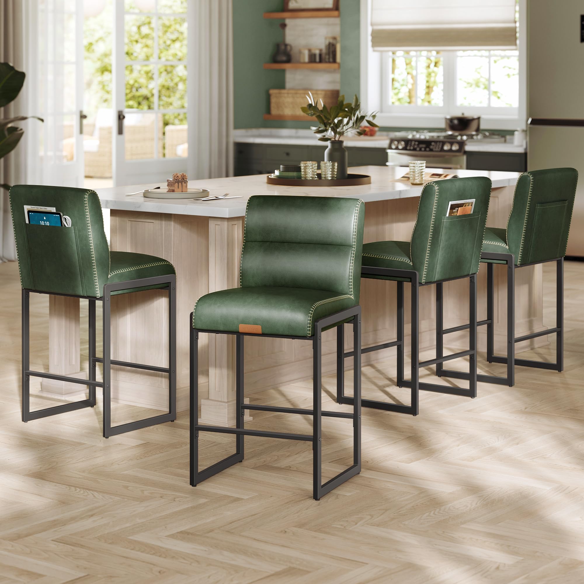 Photo 1 of **2 CHAIRS ONLY** VASAGLE EKHO Collection - Bar Stools Set of 4, Counter Height Stools with Backs, 26.4-Inch Barstools Chairs, Synthetic Leather with Stitching, Mid-Century Modern, Dining Kitchen Island, Forest Green