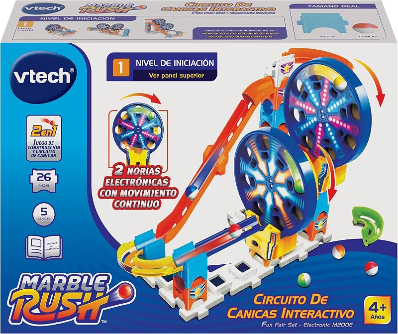 Vtech - marble rush fun fair set eletrônico m200e, circuito interativo de mármore e brinquedo de construção para crianças +4 anos, duas rodas gigantes eletrônicas e mais acessórios, versão esp
