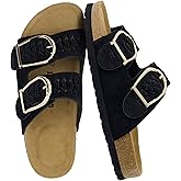 CUSHIONAIRE Cashew Slip On Genuine Suede Leather Womens Sandals - Braided Double-Strap Design with Adjustable Big Buckle Sandals for Women