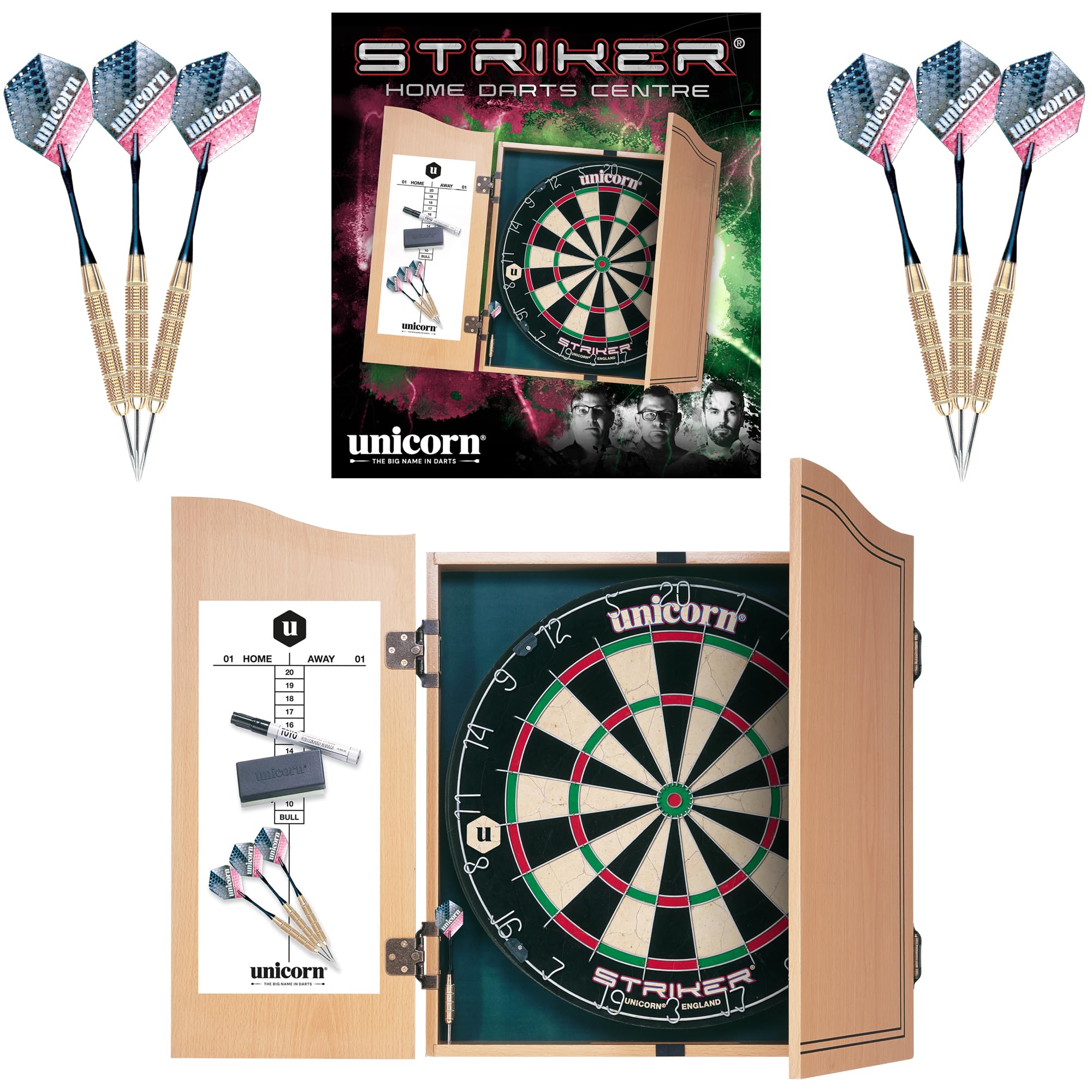 Unicorn Dartboard & Cabinet Darts Board | Striker | Sisal Bristle Board & Wooden Cabinet with Shaped Doors | with 2 Sets of Darts, Marker Pen, Wiper & Checkout Chart