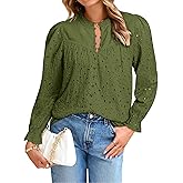 Simplee Womens Casual Tops Blouse 2025 Eyelet Embroidered Puff Long Sleeve Fall Top Dressy Lace Button Shirts
