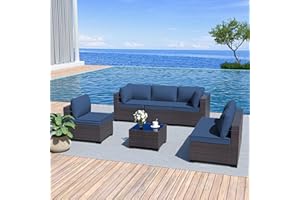 Delnavik Patio Furniture Set 7-Pieces Outdoor Furniture for Backyard Wicker Sectional Sofa Set, Rattan Patio Conversation Set with Thickened Cushions and Glass Coffee Table, Navy Blue