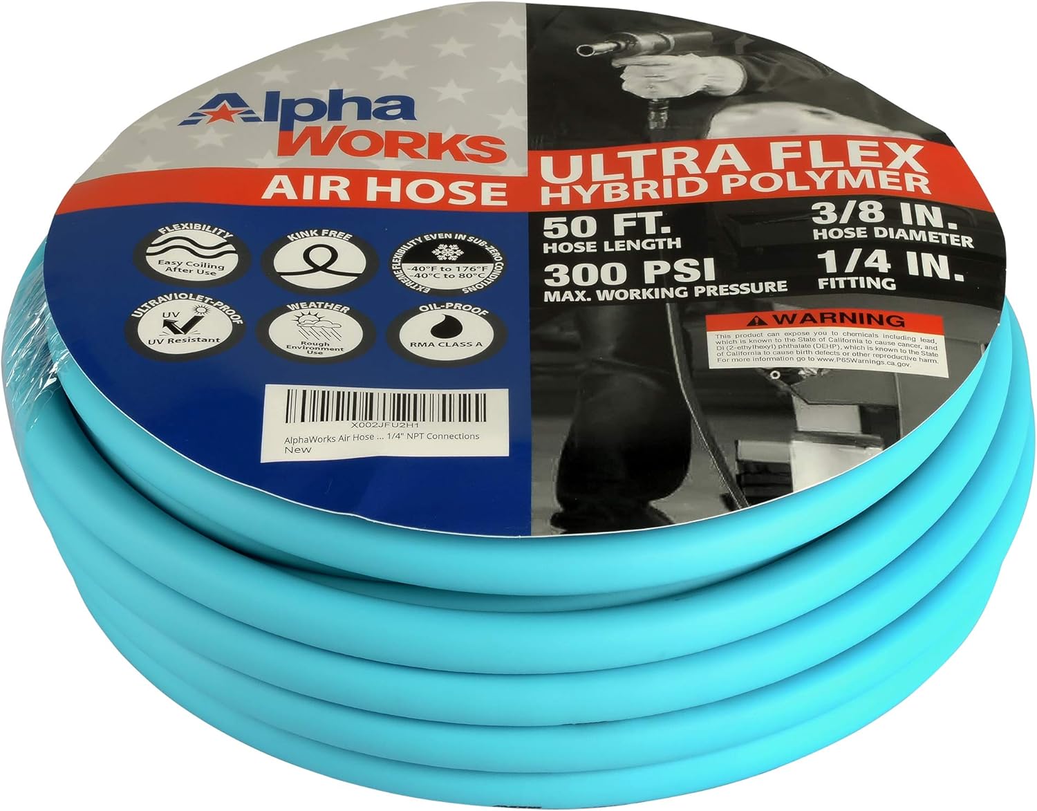 AlphaWorks Air Hose 3/8 Inch x 50 Foot Long Heavy Duty Industrial