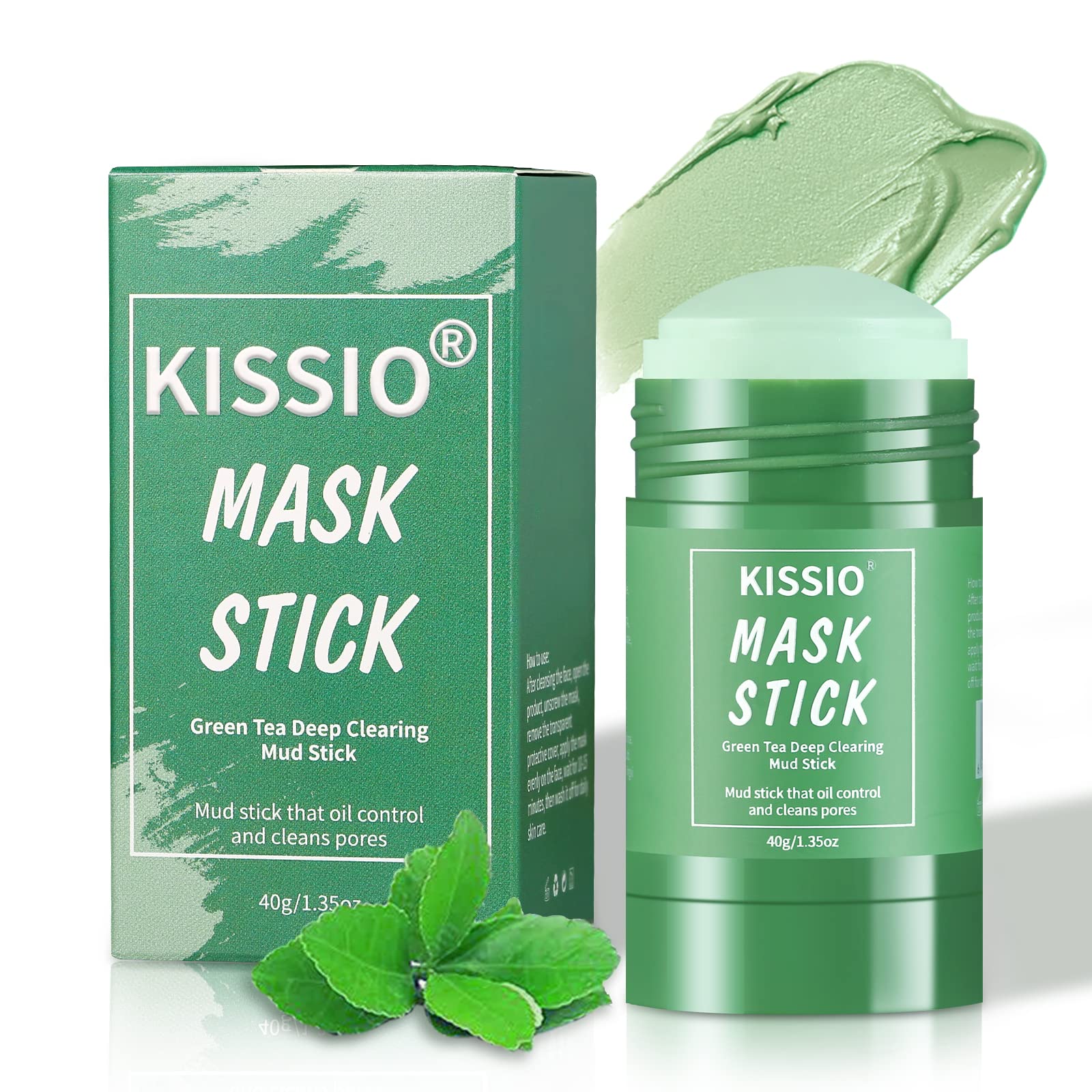 KISSIO Green Tea Mask Stick,Blackhead Remover,Face Mask with Volcanic Mud and Green Tea Extract,Deep Pore Cleansing,Moisturizing,Natural Mask Stick for All Skin Types,Cruelty free, 1.35oz