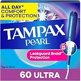 Tampax Pearl Tampons for Women, with LeakGuard Braid, Ultra Absorbency, Unscented, 60 Count