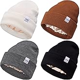 FEQO 4 Pack Satin Lined Beanie Hats Soft Silk Lined Beanies Knit Warm Cuffed Hats for Women Men