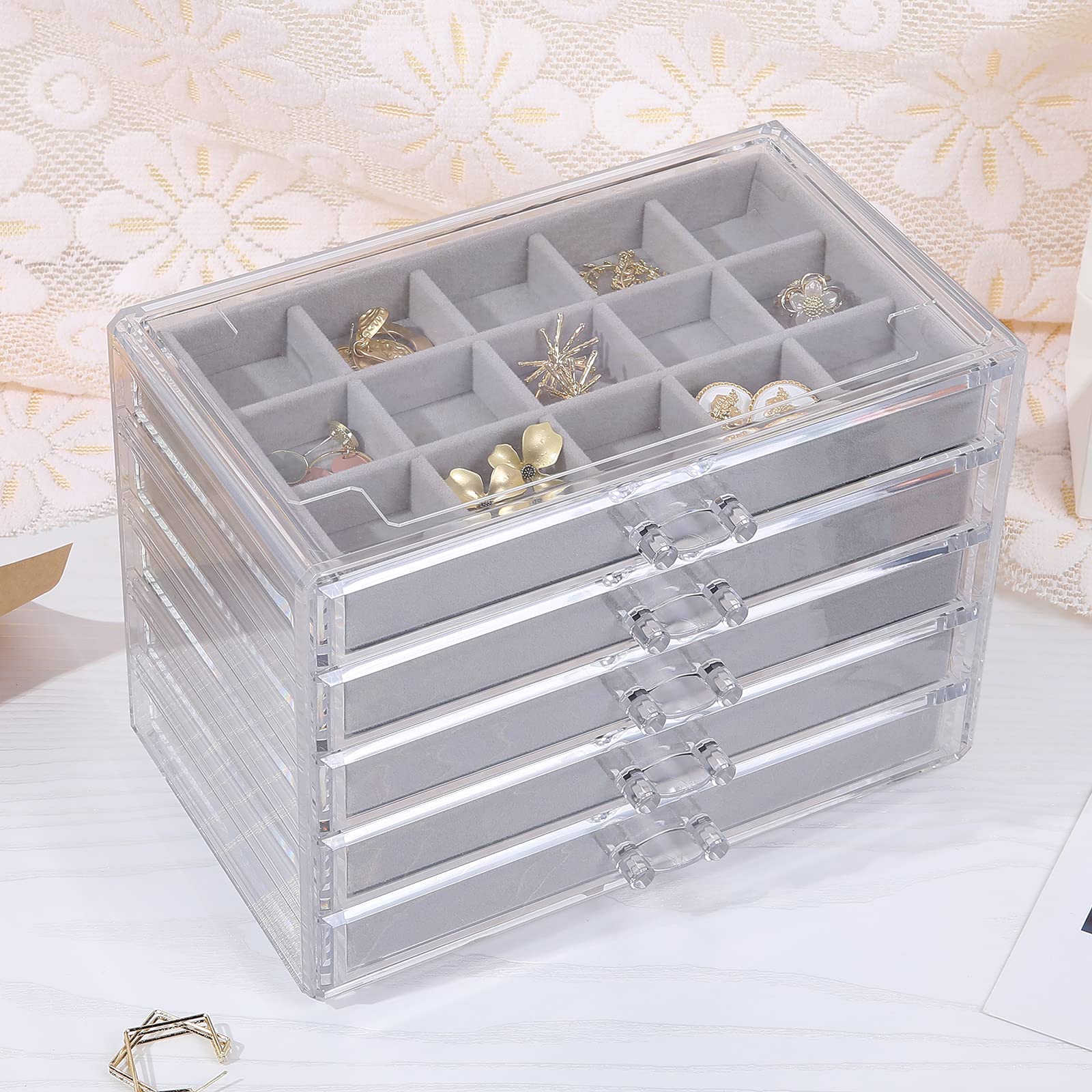 misaya Earring Jewelry Organizer with 5 Drawers, Birthday Present, Clear Acrylic Jewelry Box for Women, Velvet Earring Display Holder for Earrings Ring Bracelet Necklace, Gray