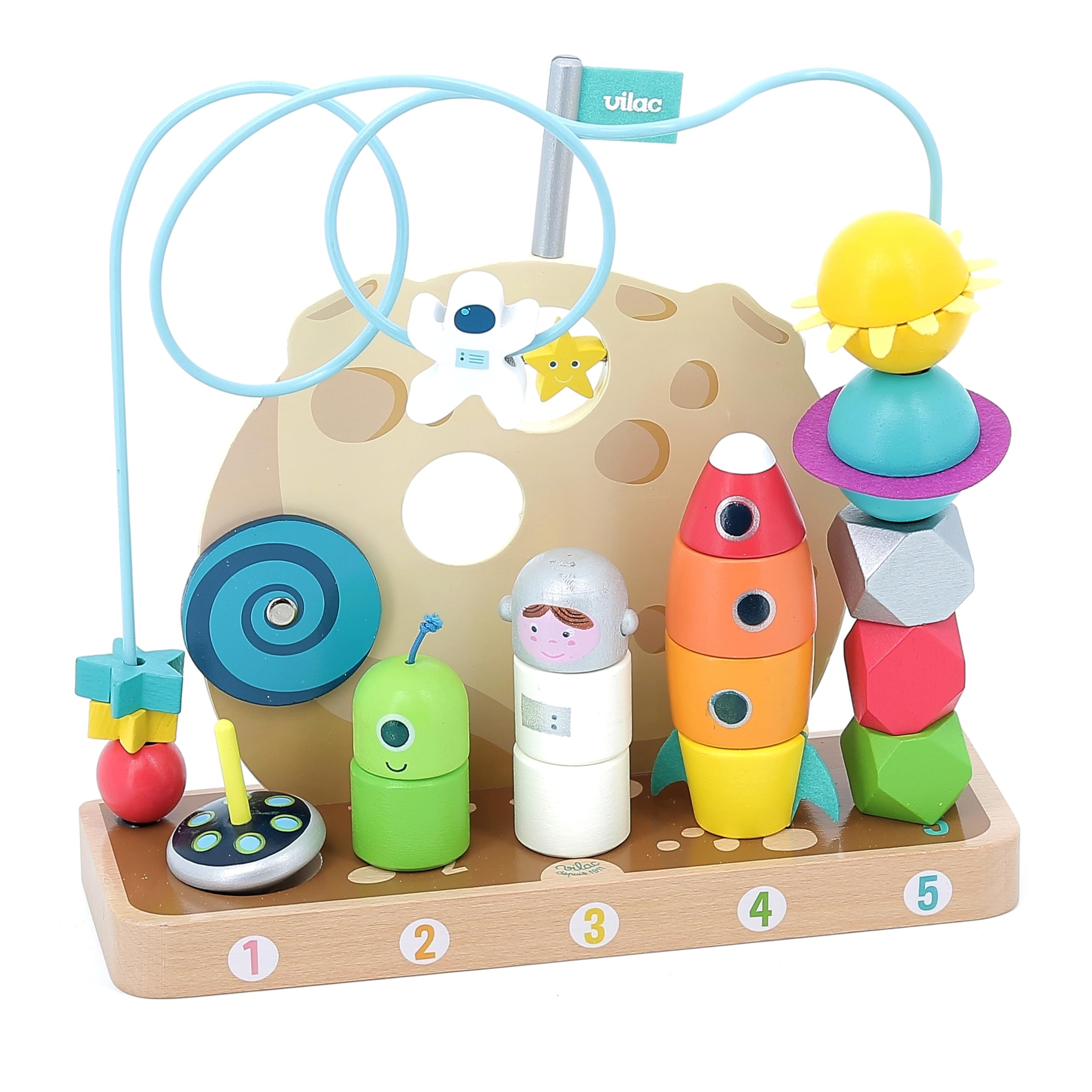 Vilac Wooden 1-5 Counting Frame, Multi-Activity Early Development, Educational, Montessori Stacking Game, Promotes Imagination, Sun, Star, Planet, Rocket, Astronaut, UFO, Spaceship Theme, 18 Months+