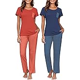 Ekouaer Pajamas for Women Set 2 Piece Comfy Loungewear, Lightweight Pjs Sleepwear, Short Sleeve Top & Long Pants with Pockets