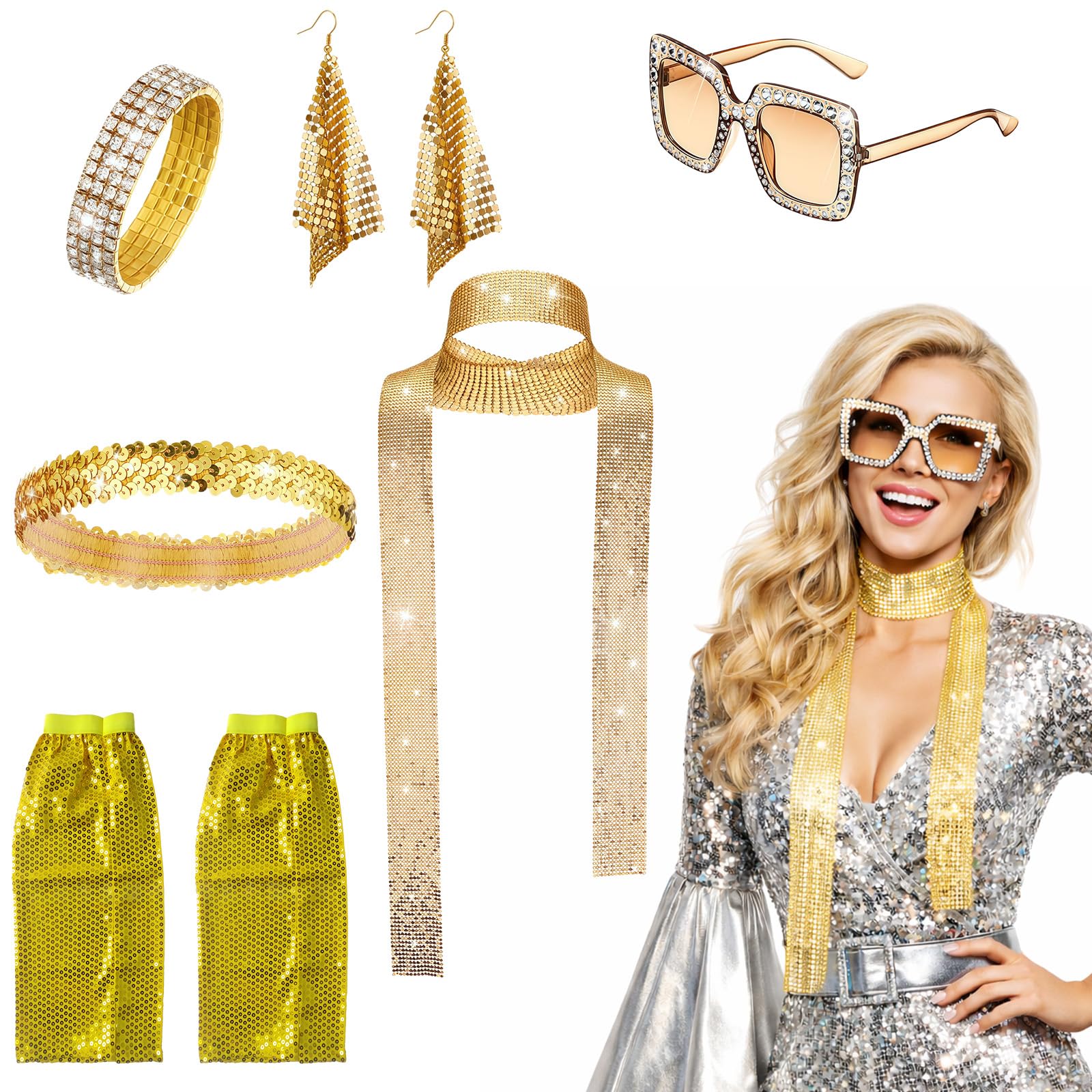 MUNSKT 70s 80s Disco Golden Accessories Set,Frame Bling Sunglasses Earrings Headband Bracelet Leg Warmers,6PCS Abba Accessories Set,Retro Disco Fancy Dress Kit for Women for Theme Parties (Gold)