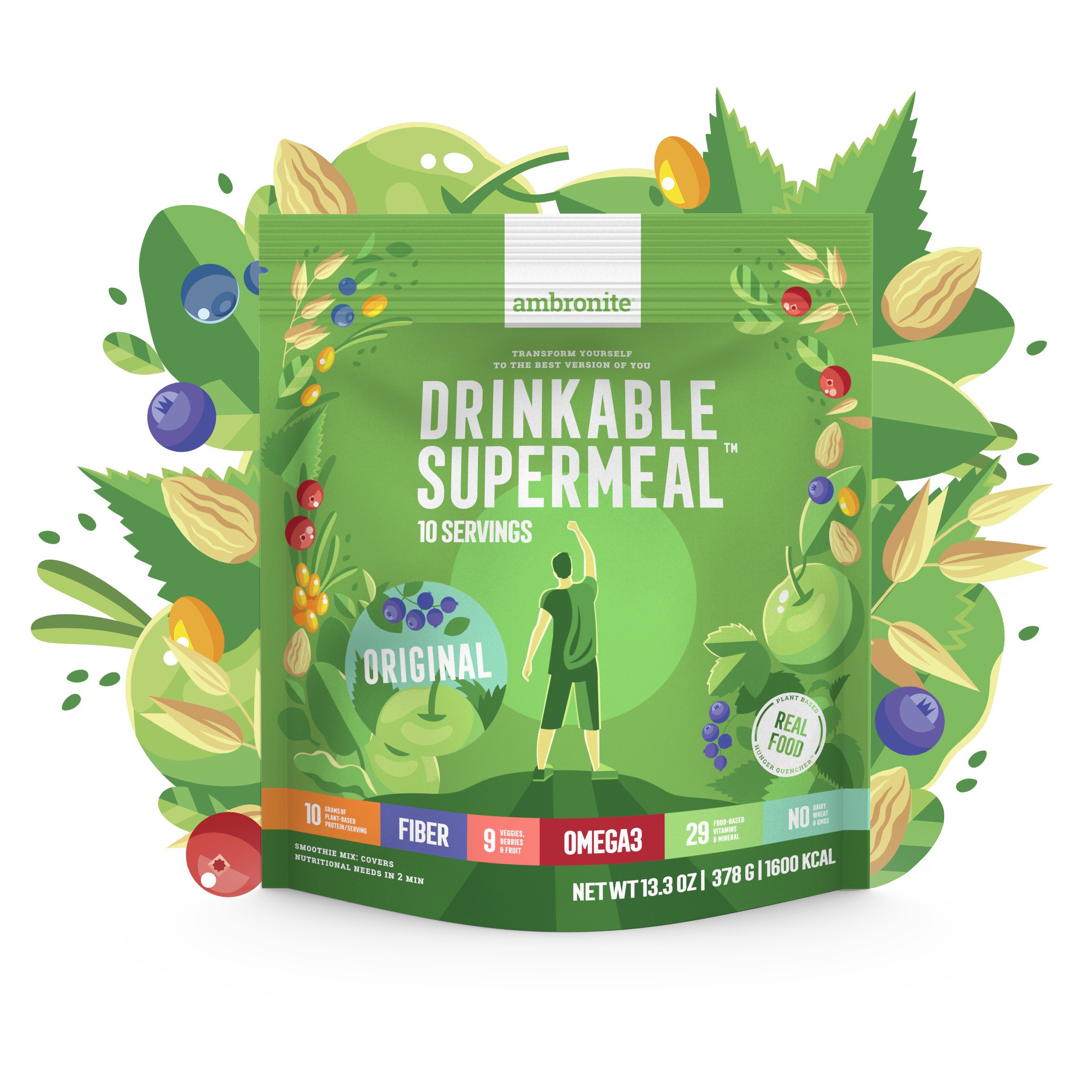 Meal Replacement Nutritional Shake by Ambronite - High Fiber Superfood & Protein Drink for Healthy Weight Loss - All Natural Vegan Smoothie Mix - Quench Hunger (Original, 1600kcal)