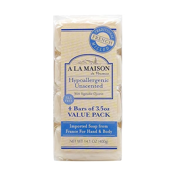 A LA MAISON HYPOALLERGENIC UNSCENTED BAR SOAPS, 3.5 OZ – 4 EA, 3.5 OZ