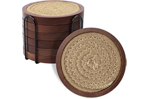 Mckanti 6 Pack Wood Coasters for Drinks with Cotton Coasters Insert, Wooden Coasters with Holder for Coffee Table Decor, Absorbent Coasters for Kinds of Cups, 4.3 Inches