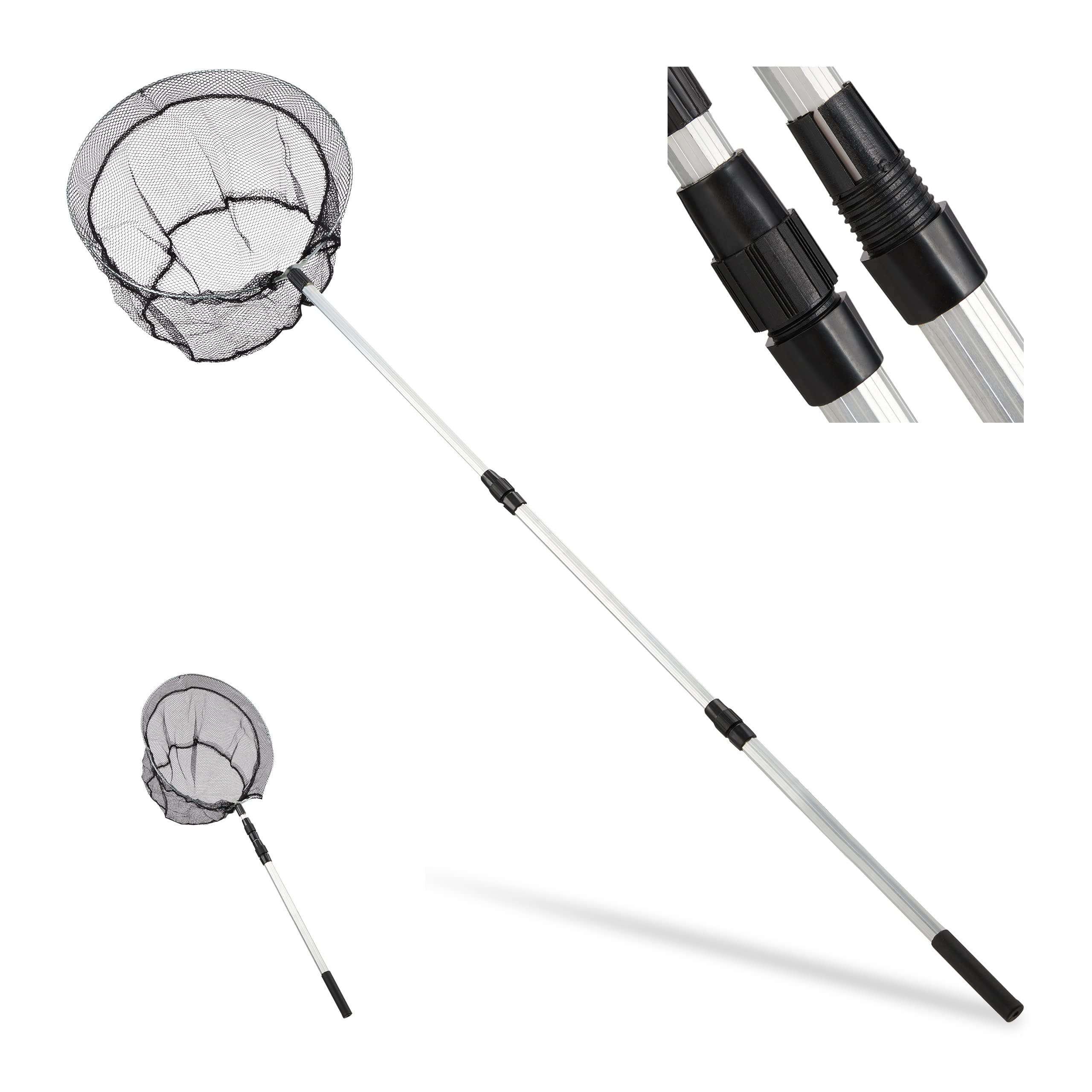 Relaxdays Fishing Landing Net, Telescopic Handle 60-130 cm, Foldable, Sturdy & Lightweight, Round, ร 36 cm, Black/Silver