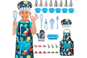 Gemeer 34 Pcs Kids Cooking and Baking Set ,Including Blue Dinosaur Apron for 8-12 Years Old Boy Chef Role Play
