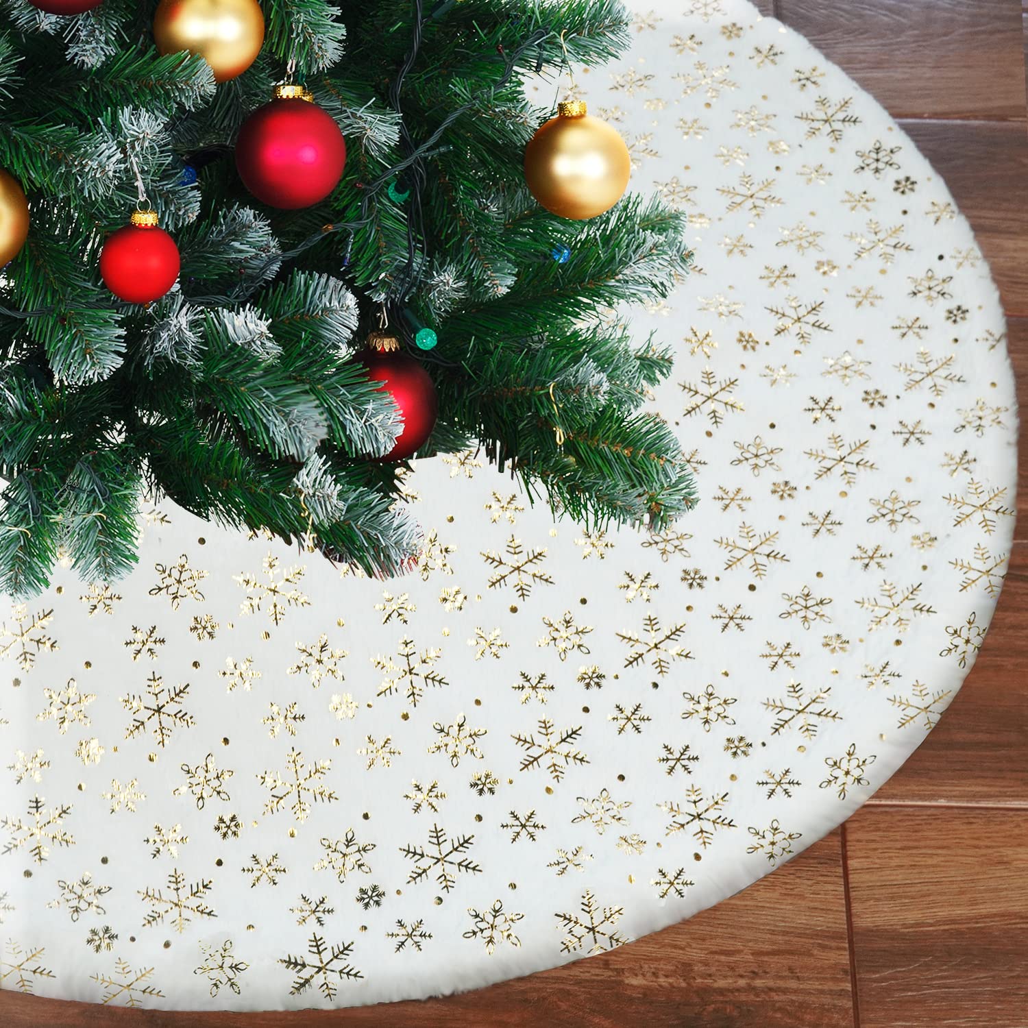 Ywlake White Plush Christmas Tree Skirt - 36 Inch Gold Snowflake Xmas Tree Base Mat Cover for Party Decor (90cm)