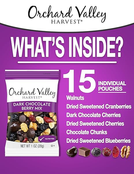 ORCHARD VALLEY HARVEST DARK CHOCOLATE BERRY MIX, 1OZ SNACK PACKS 15 COUNT – WALNUTS, SWEETENED CRANBERRIES, DARK CHOCOLATE CHERRIES, BLUEBERRIES, GLUTEN-FREE, 2G FIBER, CHOCOLATE COVERED BERRIES