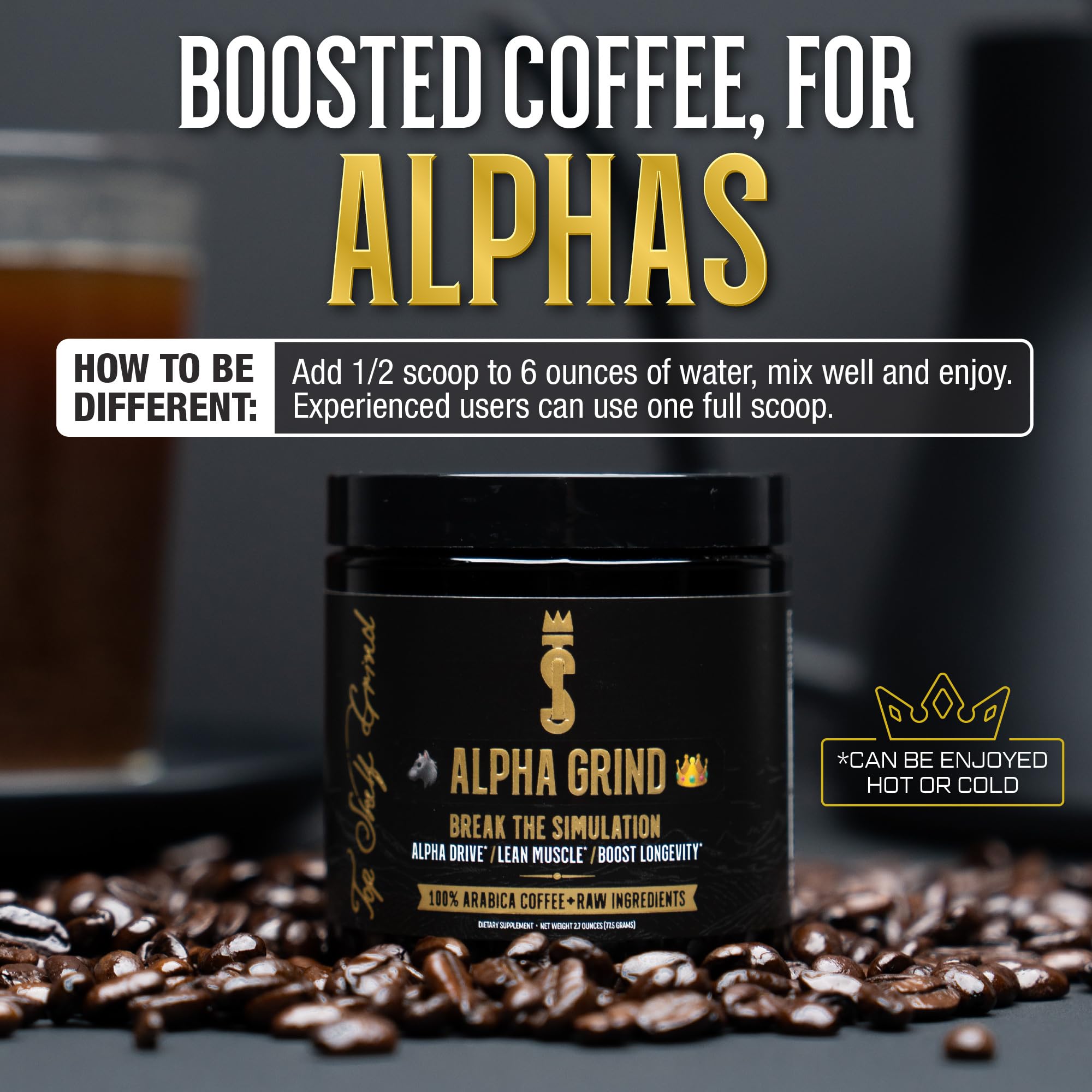 Alpha Grind – Instant Maca Coffee for Men + Natural Energy + Brain Nootropic for Ageless Clarity, Focus | Lean Muscle Building Growth & Size, 30SV