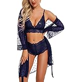 RSLOVE Women Sexy Lingerie Set 3 Piece Lace Kimono Robe with Bra and Panty Sheer Sleepwear