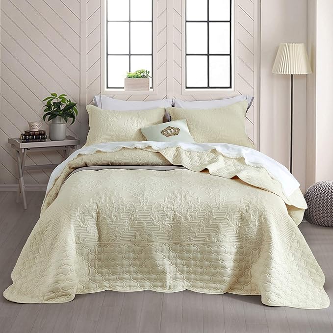 CHIXIN Oversized Bedspread Coverlet Set Ivory King Size Lightweight