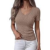 ANRABESS Womens Tops Short Sleeve V Neck Shirts Slim Fit Ribbed Knit Shirt 2026 Summer Dressy Casual Lightweight Sweaters