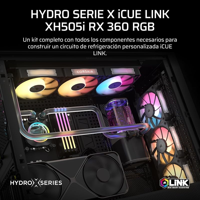 Kit de Arrefecimento Personalizado iCUE Link XH505i RX360 RGB – Bloco de Arrefecimento Líquido XC7 Elite, Bomba e Depósito XD6 Elite, 3 RX120 RGB, Radiador XR5 de 360mm, Centro de Sistema - Preto