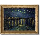 DNDXXUU Famous Masterpiece Starry Night Over Rhone, Oil Painting Style Step Tiered Gold Framed Wall Art, Impressionist Landscape Night Cityscape Decor