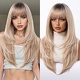 Nuxovin Gradient Blonde Wigs Human Hair Long Straight Layered with Bangs Lightweight Breathable Cap Natural Looking Hair Replacement for Women Cosplay Daily Party (24inch,Gradient Blonde)